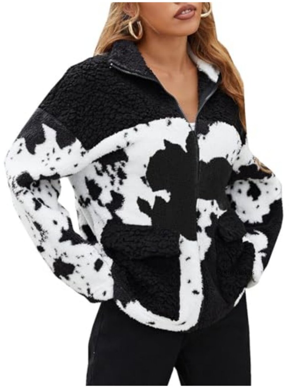 Faux Fur Cow Print Sherpa Fleece Zip Jacket Hooded Loose Fit